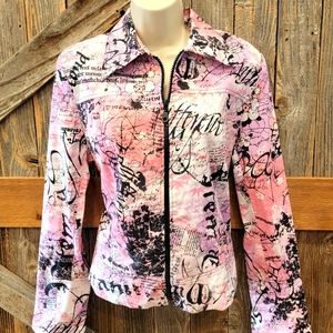 tommy n loulou Zip Shaket Pink Black Graffiti Made In USA Retro Long Sleeve M.